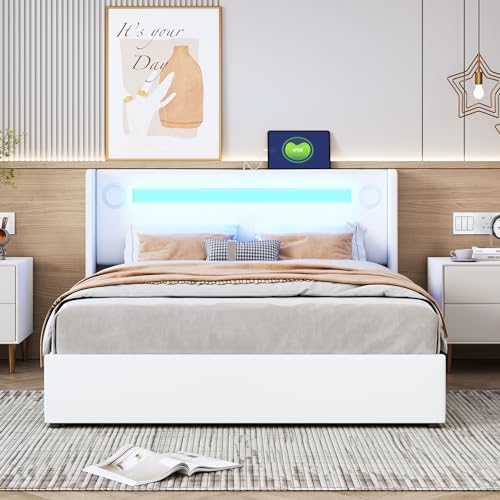 Witimisy Polsterbett,Bett mit LED-Lichtleiste,Bluetooth-Player und USB-Aufladung,Stauraumbett aus PU-Leder,Hochbettkasten,Doppelbett mit Lattenrost,212.5x146.5x103CM (Weiß) von Witimisy