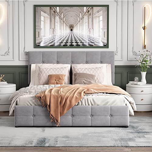 Witimisy Polsterbett,Erwachsenen,Jugendbett,Doppelbett mit Hydraulisch anhebbarer Bettstauraum,höhenverstellbares Polsterkopfteil,Hautfreundlicher Samtstoff,203X140X106CM (Dunkelbeige) von Witimisy