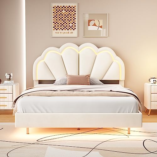 Witimisy Polsterbett,Gepolsterter Schwebebett Rahmen mit LED-Leuchten und Kopfteildesign,flächiges Doppelbett-Gästebett in hautfreundlichem Samtstoff,210×151×114CM (Beige) von Witimisy