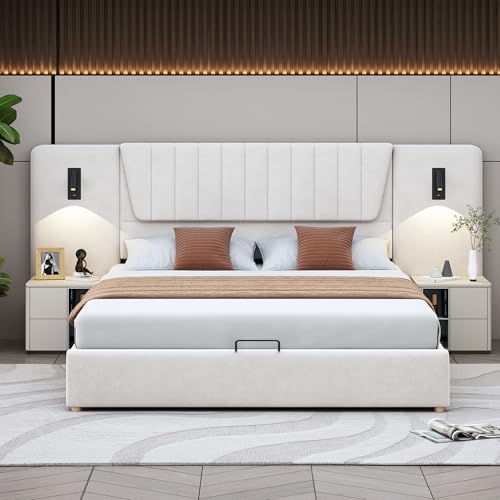 Witimisy Polsterbett,Hydraulisches Stauraumbett,Doppelbett,Mit extralanger Rückenlehne,Leselampe mit Verstellbarer Richtung,Mit USB-Ladeanschluss,Samtstoff,246.5x206x109CM (Beige) von Witimisy