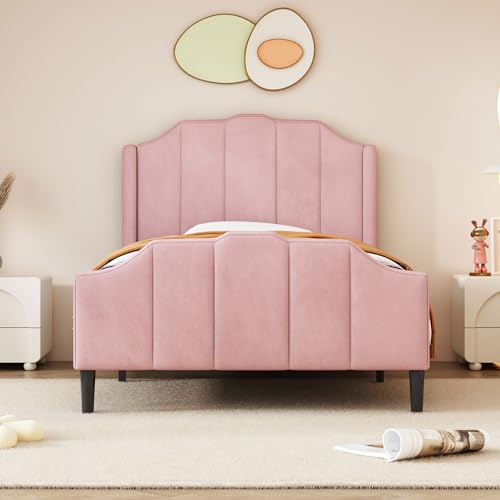 Witimisy Polsterbett,Kinderbett,gepolstertes Doppelbett,Jugendbett,Gästebett,Bettrahmen mit Kopfteil,Fußteil und Lattenrost,Samt,215X101X94CM (Rosa) von Witimisy