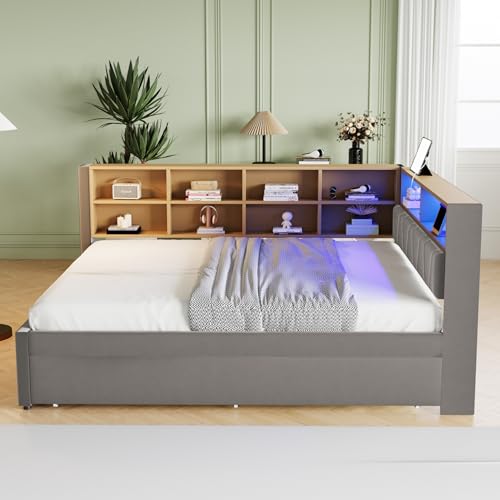 Witimisy Polsterbett,Multifunktionsschlafsofa,Einzelbett,Ausziehbett,ausgestattet mit LED Leuchten,Steckdosen und vielen Ablagefächern,Flanell,213 X153X98 cm (Dunkelgrau) von Witimisy