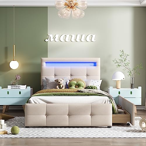 Witimisy Polsterbett,flach Einzelbett,Kinderbett,Jugendbett,Gästebett,mit LED-Leuchten,2 Schubladen,hautfreundlicher Leinenpolsterung,210X99X106CM (Beige) von Witimisy