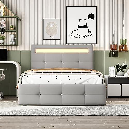 Witimisy Polsterbett,flach Einzelbett,Kinderbett,Jugendbett,Gästebett,mit LED-Leuchten,2 Schubladen,hautfreundlicher Leinenpolsterung,210X99X106CM (Grau) von Witimisy