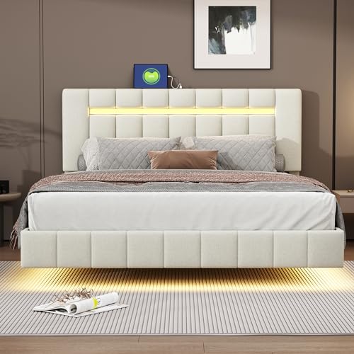 Witimisy Polsterbett,gepolsterter Schwebebettrahmen mit LED-Leuchten und Kopfteildesign,flächiges Doppelbett-Gästebett in hautfreundlichem,210 x172x105CM (Beige) von Witimisy