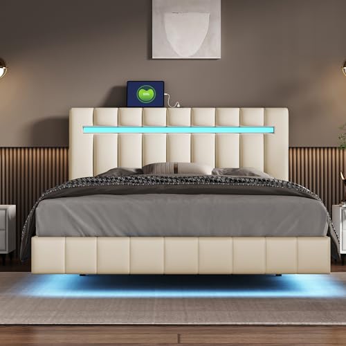 Witimisy Polsterbett,gepolsterter Schwebebettrahmen mit LED-Leuchten und Kopfteildesign,flächiges Doppelbett-Gästebett in hautfreundlichem,Leinen Beige,210x151x105CM von Witimisy