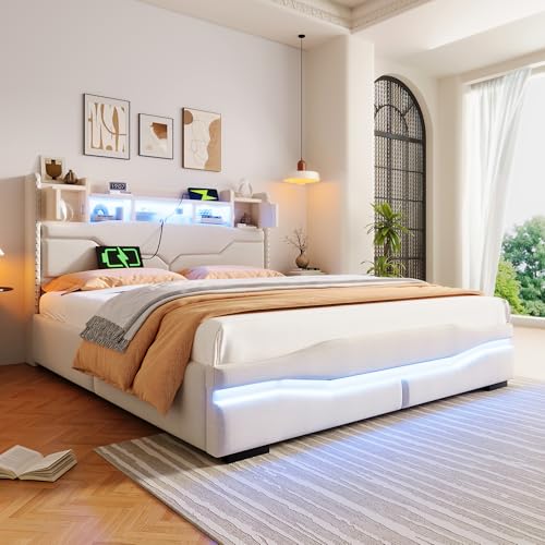 Witimisy Polsterbett,mit USB-C Steckdose Ladefunktion,ferngesteuerte Ambiente-Lichtleiste unter dem Bett,Kopfteil mit Staufach,Mit LED-Leuchten,ohne Matratze,220X166X111CM (Beige) von Witimisy