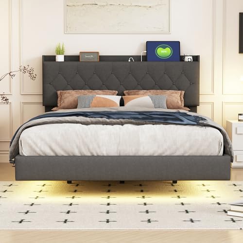 Witimisy Polsterbett,mit USB-Ladeanschluss und LED-Farbwechsel-Lichtleiste,Doppelbett in hautfreundlichem Leinenstoff,203x144x100CM (Grau) von Witimisy