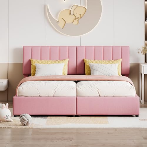 Witimisy Polsterbett,multifunktionales Doppelbett,hydraulisches Stauraumbett,hautfreundliches Leinen-Hochkastenbett,203x180x93/ 99/105CM (Rosa) von Witimisy