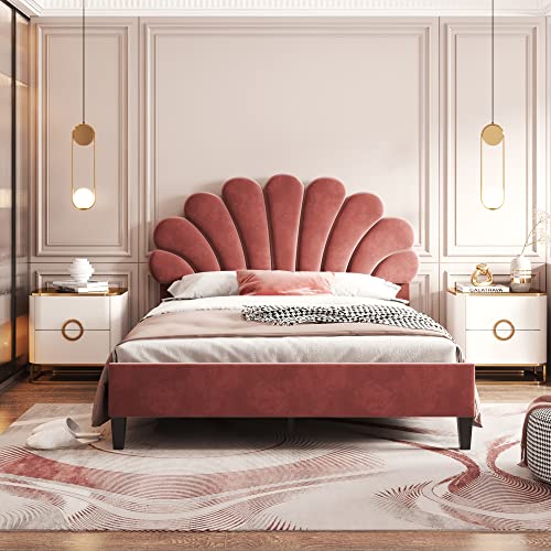 Witimisy Polsterbett Doppelbett,Gästebett,Erwachsenen-Jugendbett in hautfreundlichem Samtstoff,Bettrahmen mit blumenförmigem Kopfteil und Lattenrost,206X150X110.5CM (Bohnenrot) von Witimisy