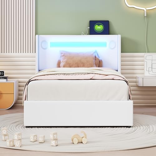 Witimisy Polsterbett Kinderbett,Bett mit LED-Lichtleiste,Bluetooth-Player und USB-Aufladung,PU-Leder-Aufbewahrungsbett,Hochbettkasten,Jugendbett mit Lattenrost,212.5X96.5x103CM (Weiß) von Witimisy