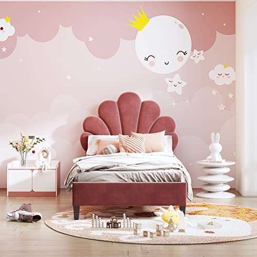 Witimisy Polsterbett Kinderbett,Gästebett,Bettgestell mit Kopfteil in Blumenform und Lattenrost,Teenie-Mädchenbett in hautfreundlichem Samtstoff,206X100X110.5CM (Bohnenrot) von Witimisy