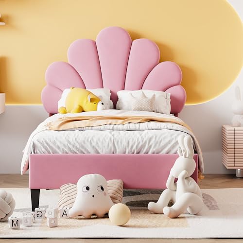 Witimisy Polsterbett Kinderbett,Gästebett,Bettgestell mit Kopfteil in Blumenform und Lattenrost,Teenie-Mädchenbett in hautfreundlichem Samtstoff,206X100X110.5CM (Rosa) von Witimisy