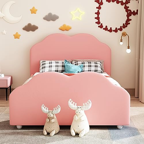 Witimisy Polsterbett Kinderbett,hohes Geländer-Kinder,Bettgestell mit wolkenförmigem Kopf- und Fußteil,Einzelbett in hautfreundlichem Samt,207.5x95x107.5CM (Rosa) von Witimisy