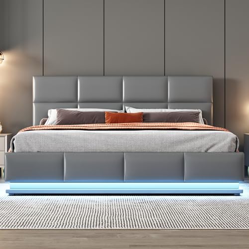 Witimisy Polsterbett mit LED,Metalllattenrost und Bettkasten,Doppelbett mit höheverstellbarem Polsterkopfteil und hydraulischem Stauraum,ohne Matratze,202.5X162X91/101CM (Grau) von Witimisy