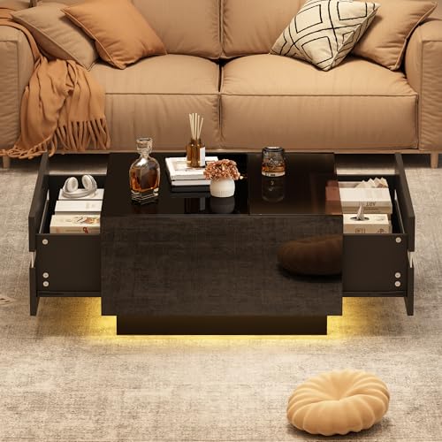 Witimisy Quadratischer Teetisch,Couchtisch mit LED,Hochglanz-Sofatisch mit 2 Schubladen,Kaffeetis aus gehärtetem Glas,Beistelltisch mit geometrische Design,70X70X36CM von Witimisy