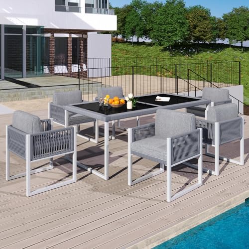 Witimisy Rope-Essgruppe,6-Personen-Garten-Essgruppe mit Sesseln,Abnehmbarer und waschbarer Stoffbezug,Gartenmöbel von Witimisy