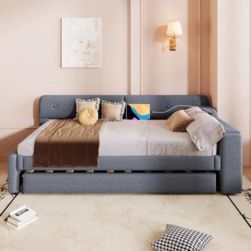 Witimisy Schlafsofa,Daybett,Tagesbett,mit ausziehbarem Ausziehbett,mit Klappstaufach,Schlafsofa mit Lattenrost(ohne Matratze),USB+Type-c,Leinen,220x188x74CM (Grau) von Witimisy