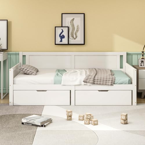 Witimisy Schlafsofa,Massivholzrahmen,Massivholzbett,Jugendbett,Kinderbett,Einzelbett mit Zwei Ablagefächern,205x95x80CM (Weiß) von Witimisy