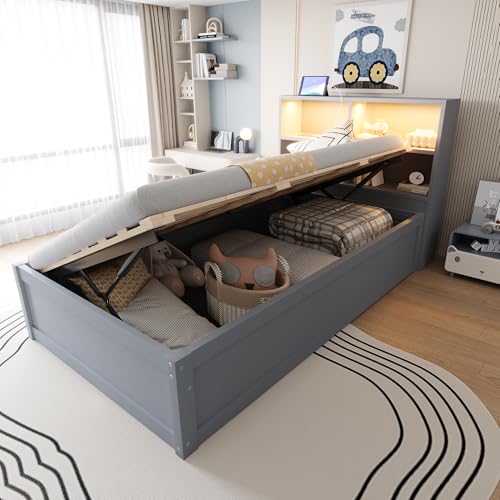 Witimisy Schlafsofa,hydraulisches Bett,Massivholzbett,Einzelbett, multifunktionales Holzbett,mit Mehrfachsteckdose und Mehreren Staufächern,mit Lichtleiste,220.5X98X82CM (Grau) von Witimisy