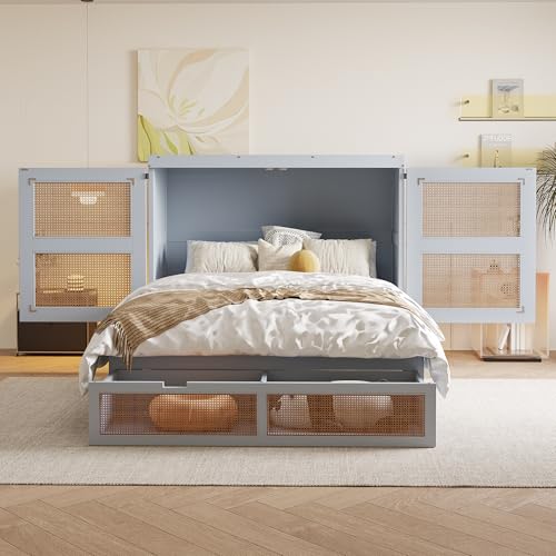 Witimisy Schrankbett,Wandklappbett,Holzbetten,Jugendbetten,Einzelbetten, mit Lattenrost,mit Stauraumschubladen,Rattan-Design,202x145.5x120CM (Grau) von Witimisy