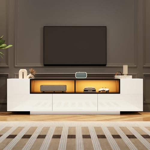 Witimisy Standfernsehschrank,Lowboard Mit LED-Licht,Fernsehschrank mit L-Form und Schubladen,Wohnzimmerschrank,Geeignet für 75-Zoll-Fernseher,Hochglanzweiß,180X40X48CM von Witimisy