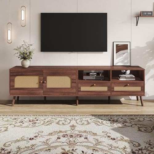 Witimisy TV-Schrank,2 Schublade,Lowboard mit 8 Füßen,mit 2 Rattantüren,Braunes modernes Entertainment-Kontrollzentrum,für 80-Zoll-Fernseher,200X37X49.5CM von Witimisy