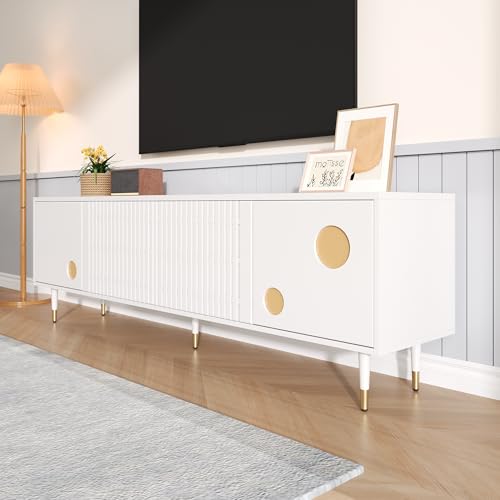 Witimisy TV-Schrank,TV-Möbel mit Gitterstruktur,Zwei Türen aus Massivholz,Versteckten Griffen,Golddekor,176X36X54CM (Weiß) von Witimisy