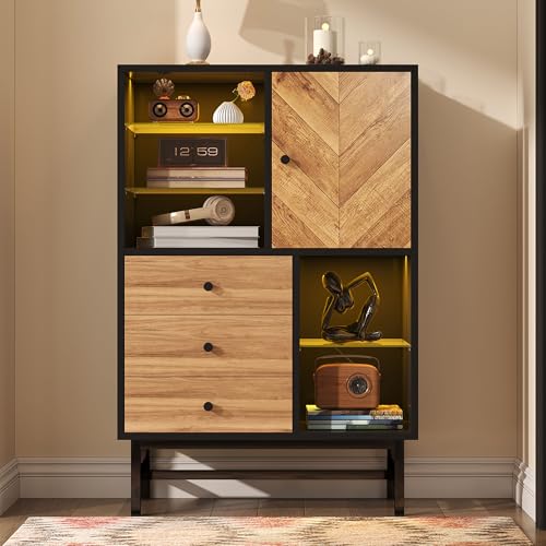 Witimisy Vitrine,mit 12-farbigem LED-Lichtband,Küchenschrank mit Schubladen und Glasböden,dreieckige Holzmaserung,80X40X120.5CM von Witimisy