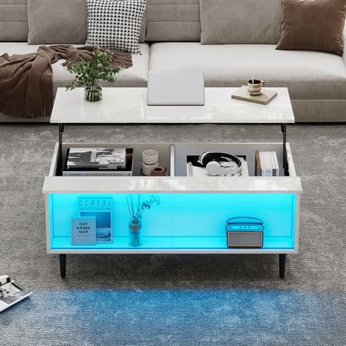 Witimisy couchtisch Höhenverstellbarer Kaffeetisch mit Verstecktem Stauraum,Mit LED-Licht,mit Stauraum und Ausstellungsfläche aus gehärtetem Glas,Weiß,105X50X43CM von Witimisy
