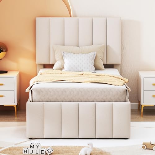 Witimisy flaches Einzelbett,Kinderbett,Jugendbett,Gästebett,Polsterbett mit Rollbett und Stauraumschubladen,hautfreundliche Leinenpolsterung,200X90X98/112/118CM (Beige) von Witimisy
