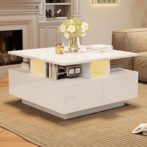 Wohnzimmer teetisch,Hochglanz kaffeetisch,mit LED licht,sofatisch mit 4 schubladen,Beistelltisch mit geometrische Design,Gesamttragkraft 30kg,70X70X40CM (Weiß) von Witimisy