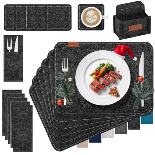 Witnewrage Tischsets Filz: 19er Set Mit Platzsets Abwaschbar, Untersetzer, Bestecktasche, Aufbewahrungsbox - Rutschfest Platzdeckchen - Anthrazit von Witnewrage