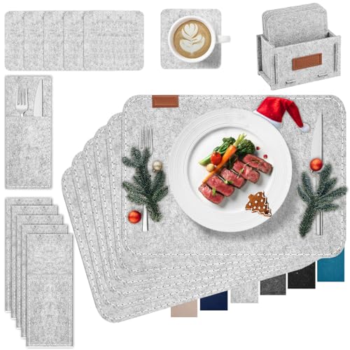 Witnewrage Tischsets Platzsets Filz, Platzsets Abwaschbar, rutschfest Platzdeckchen, Tischsets Filz 19er Set: 6 Tischsets Abwaschbar, 6 Untersetzer, 6 Bestecktasche, 1 Aufbewahrungsbox - Hellgrau von Witnewrage