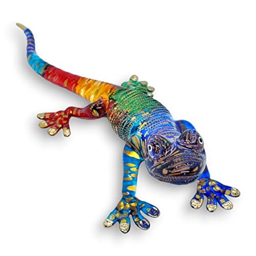 WitnyStore 20.3 cm langer, blauer Kopf, mehrfarbige Gecko-Figur – Miniatur, mundgeblasenes Glas, Eidechse, Salamander, Reptilien, mehrfarbige Kristalltiere, Heimdekoration, Geschenke von WitnyStore