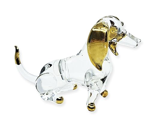 WitnyStore Dekofigur Dackel, klein, 6,4 cm lang, sitzend, transparent, goldfarben – Miniatur, mundgeblasen, bemaltes Glas, Hunde, Welpen, Hunde, Haustiere, Haustiere, Kristall, dekorative von WitnyStore