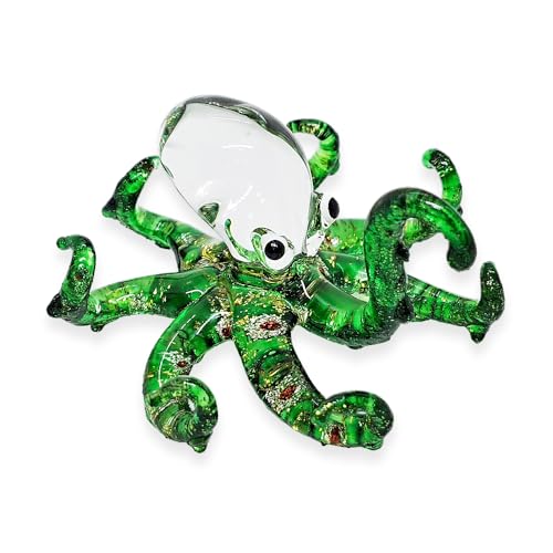 WitnyStore Kleine 6,3 cm lange glitzernde grüne Oktopus-Figur – Miniatur-Figur mundgeblasenes bemaltes Glas Tintenfisch Tintenfisch bunte Fische Molluske Meerestiere Kristall dekorative Sammlerfiguren von WitnyStore