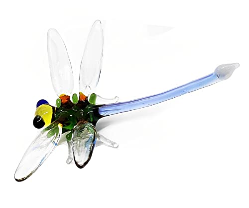 WitnyStore Winzige Libellen-Figur, 11,4 cm lang, durchsichtig, grüner Körper, blauer Schwanz, Libelle, Miniatur, mundgeblasene Glas-Libellen, Libellen, Insekten, bunte Kristalltiere, dekorative von WitnyStore