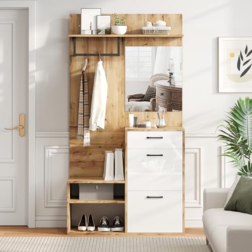 100x38.5x190cm Garderoben-Set mit Spiegel, Schuhbank, Schuhschrank, Flurschrank, Hängeschrankregal, Kompaktgarderobe, Mit 1 Schublade und 2 Schränken, Weiß + Original Holzfarbe 100x38.5x190cm Garderoben-Set mit Spiegel, Schuhbank, Schuhschrank, Flurschrank, Hängeschrankregal, Kompaktgarderobe, Mit 1 Schublade und 2 Schränken, Weiß + Original Holzfarbe von Wiuzo