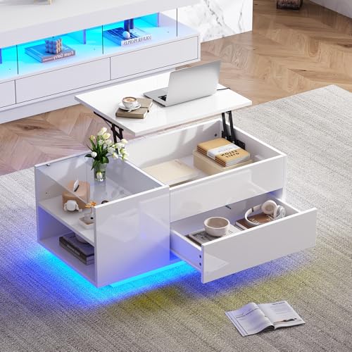 95x48x42cm Couchtisch Höhenverstellbarer Kaffeetisch mit Verstecktem Stauraum, Beistelltisch Mit LED-Licht, Wohnzimmertisch Mit Schublade, Sofatisch Mit Steckdose (Weiß) von Wiuzo