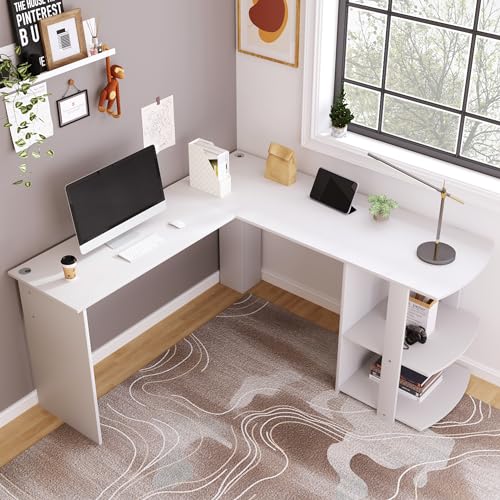 Eckschreibtisch 140 cm Computertisch Schreibtisch, L-förm Eckschreibtisch mit 2 Ablagen,H75/B140/L140 cm Weiß von Wiuzo