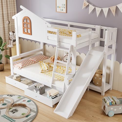 Etagenbett mit charakteristischen Fenstern und vierstufiger Kipptreppe, mit Zwei Schubladen,Kinder und Mutterbett mit mit Rutsche, Bettrahmen aus Massivholz, Weiß, 90x200 & 120x200cm Etagenbett mit charakteristischen Fenstern und vierstufiger Kipptreppe, mit Zwei Schubladen,Kinder und Mutterbett mit mit Rutsche, Bettrahmen aus Massivholz, Weiß, 90x200 & 120x200cm von Wiuzo