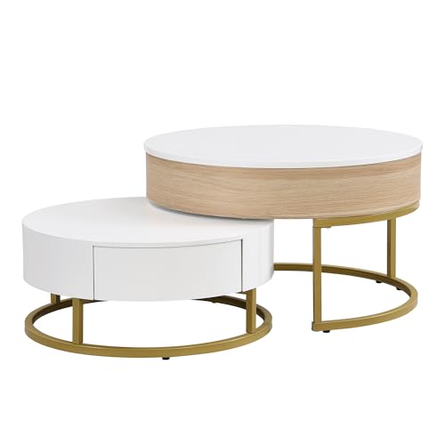 Goldener Satztisch, hochklappbare Couchtischkombination, Beistelltisch mit Zwei Schubladen. 2-teiliges Set (Weiß+ Holzfarbe) von Wiuzo