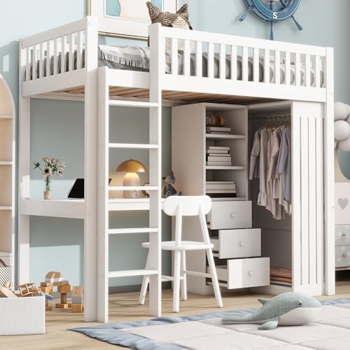 Hochbett, 90x200cm, Schreibtisch, Kleiderschrank, 3 Schubladen, offener Stauraum, Geländer, Treppe, Ohne Matratze, Weiß Hochbett, 90x200cm, Schreibtisch, Kleiderschrank, 3 Schubladen, offener Stauraum, Geländer, Treppe, Ohne Matratze, Weiß von Wiuzo