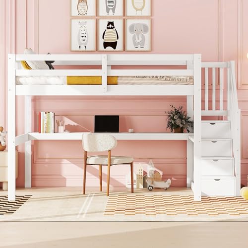 Hochbett,140x 200,Kinderhochbett, mit Stauraumschubladen und Unterbettschreibtisch, Weiß von Wiuzo