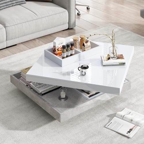 Hochglanztischplatte,funktionaler Couchtisch, Wohnzimmertisch, 360° drehbar, 2-stöckige drehbare Tischplatte mit Ablagefach,marmorfarbene Spanplatte,70X70X36 cm (Weiß) von Wiuzo