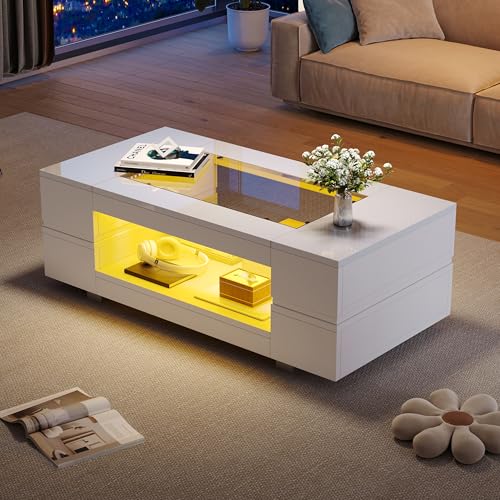 LED-Couchtisch mit Bluetooth-App-Steuerung, doppelschichtiger Hochglanz-Hohldesigntisch, geeignet für Partys, Büros, Wohnzimmer ，Schwarzer/Weißer (Weiß) von Wiuzo