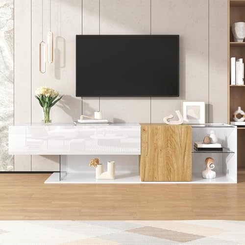 Moderne TV-Kommode in Hochglanz Weiß mit Holzoptik und Glasregalen – 180 cm, Stilvoller TV-Schrank mit Praktischer Aufbewahrung für Wohnzimmer Moderne TV-Kommode in Hochglanz Weiß mit Holzoptik und Glasregalen – 180 cm, Stilvoller TV-Schrank mit Praktischer Aufbewahrung für Wohnzimmer von Wiuzo