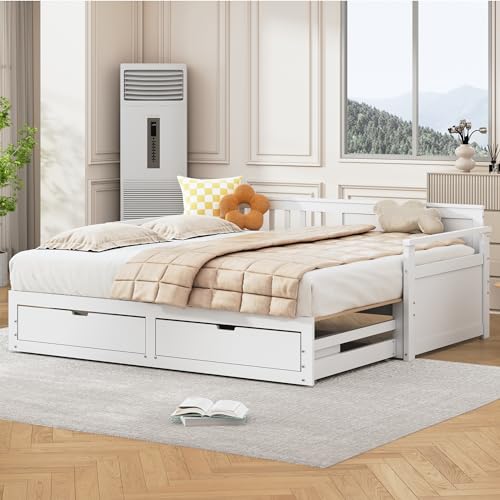 Multifunktionales Zwei-in-Eins-Tagesbett 90 (180) x 190 mit Kiefernbett, Schubladen und Ausziehbett (Weiß) von Wiuzo