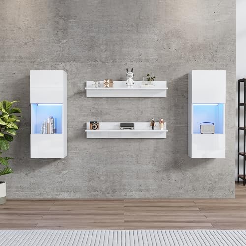 Wandregal 4er Sett, LED-Wandschrank und 2 Regale – Smarte APP-gesteuerte Beleuchtung, Hochglanzoberfläche und Türen aus gehärtetem Glas,TV-kompatibel, TV-Schrank-Set (Weiß) von Wiuzo